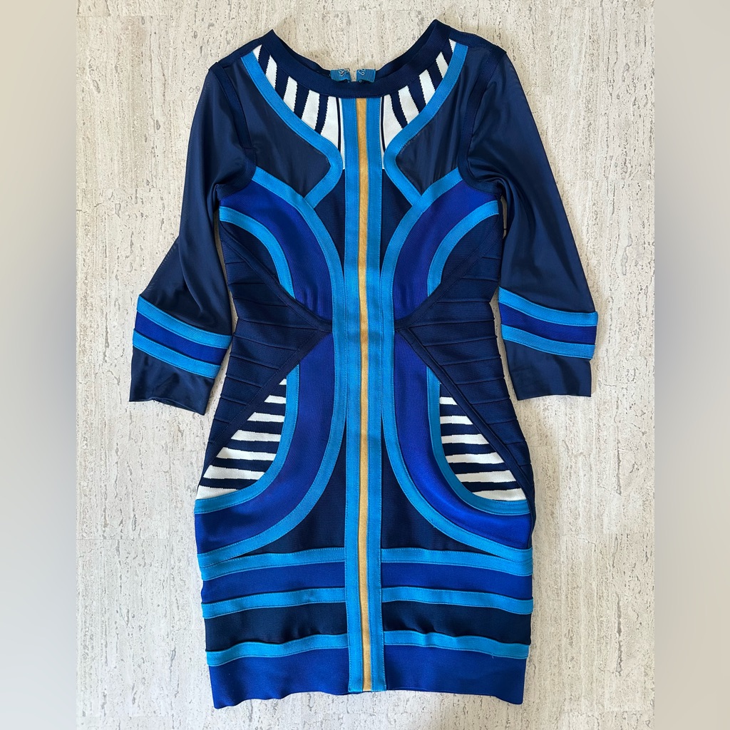 House Of Cb Mercy Blue Tribal Mesh Mid Sleeve Dress, Size Medium